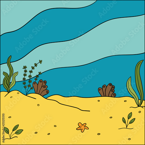 Cartoon vector background underwater for kids. Ocean or sea. Doodle style.