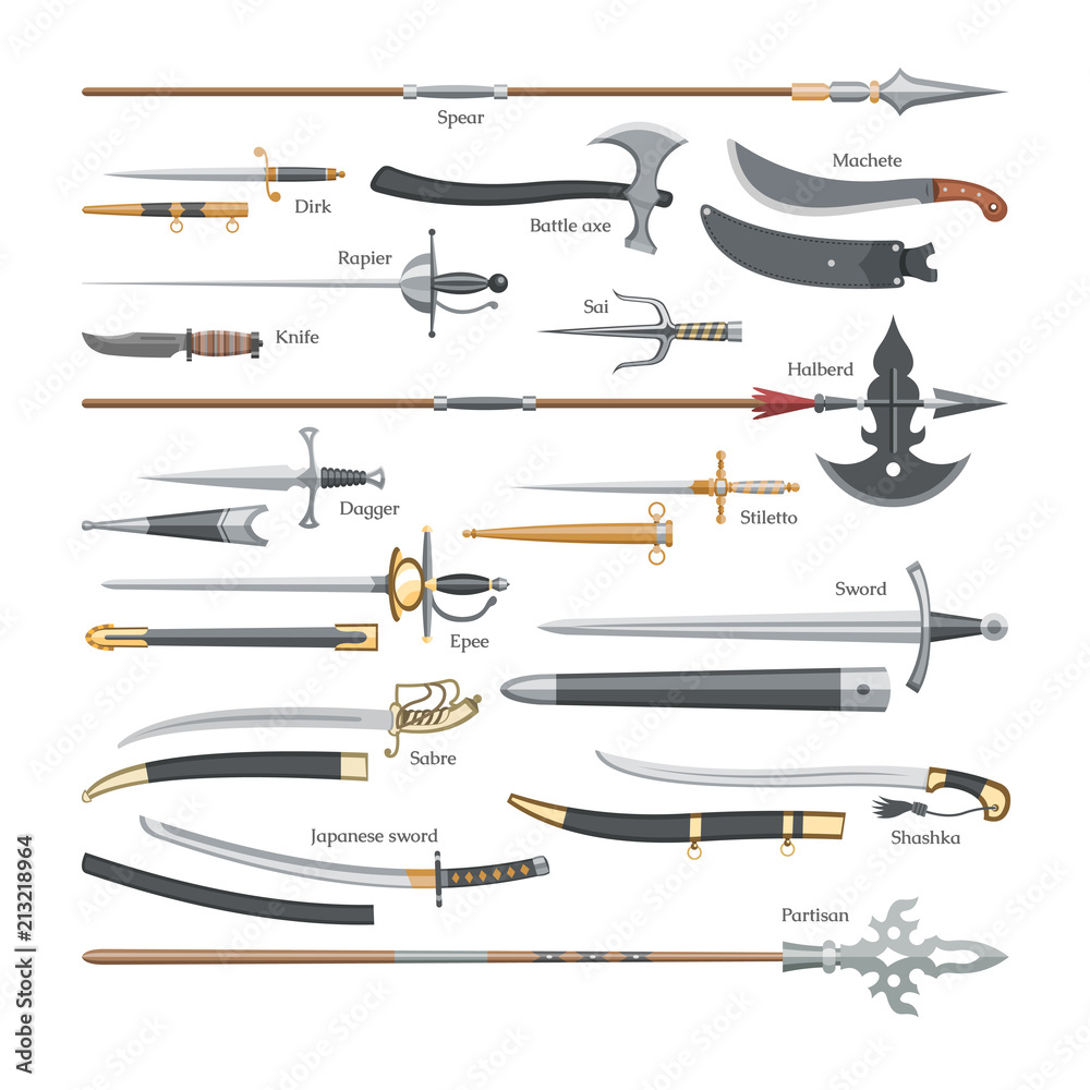 Sword vector medieval weapon of knight with sharp blade and pirates knife  illustration broadsword set of battle-axe or knifepoint and spear isolated  on white background Stock-Vektorgrafik | Adobe Stock