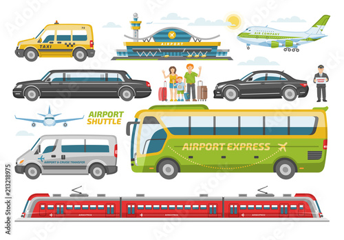 Transport vector public transportable vehicle bus or train and car for transportation in city illustration set of people and airplane in airport isolated on white background