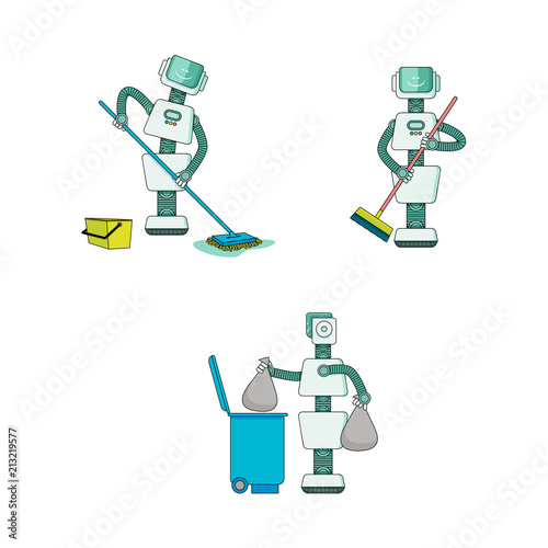 Robot doing housework collection - android cleans house, sweeps and washes floor, takes out trash isolated on white background. Cartoon characters of robotic home assistant. Vector illustration.