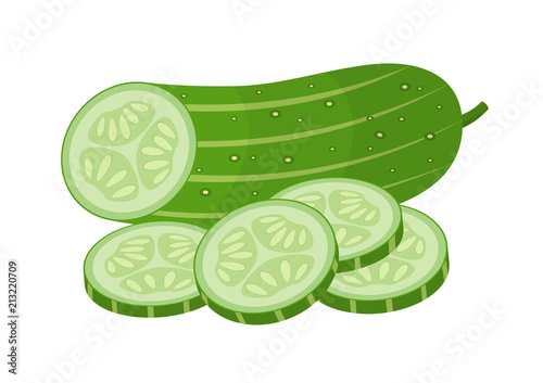 Vector illustration. Ripe and cut cucumber on white background.