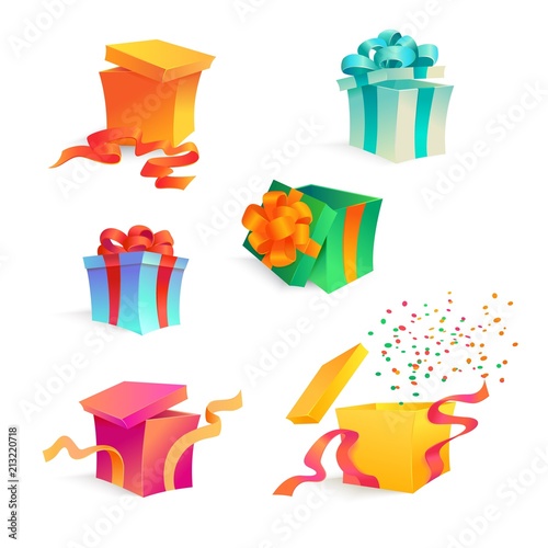 Vector cartoon present gift box set. bright wrapping, elegant ribbon bow confetti. Birthday anniversary party, new year christmas valentine xmas holiday decoration invatation greeting card design photo
