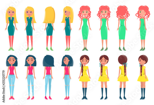 Women in Fashionable Outfits. Girls Color dresses