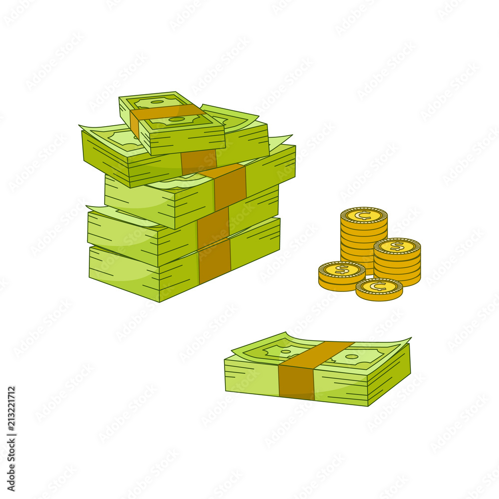Vector flat cash money piles, stack heap bundle, golden coins set. Bank hundred dollar banknotes. Business finance success, jackpot banking loan credit symbol. Isolated illustration, white background Vector flat cash money piles, stack heap bundle, golden coins set. Bank hundred dollar banknotes. Business finance success, jackpot banking loan credit symbol. Isolated illustration, white background