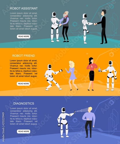 Flat fuman robots interaction banner set. Bot assistant help old man, dancing with women, providing medical diagnostics. Data science , artificial intelligence machine learning Vector illustration