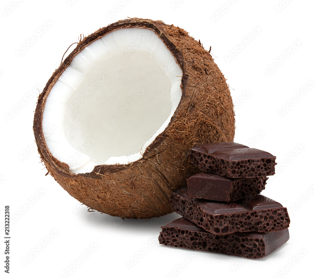 Coconut and pieces of chocolate isolated on white