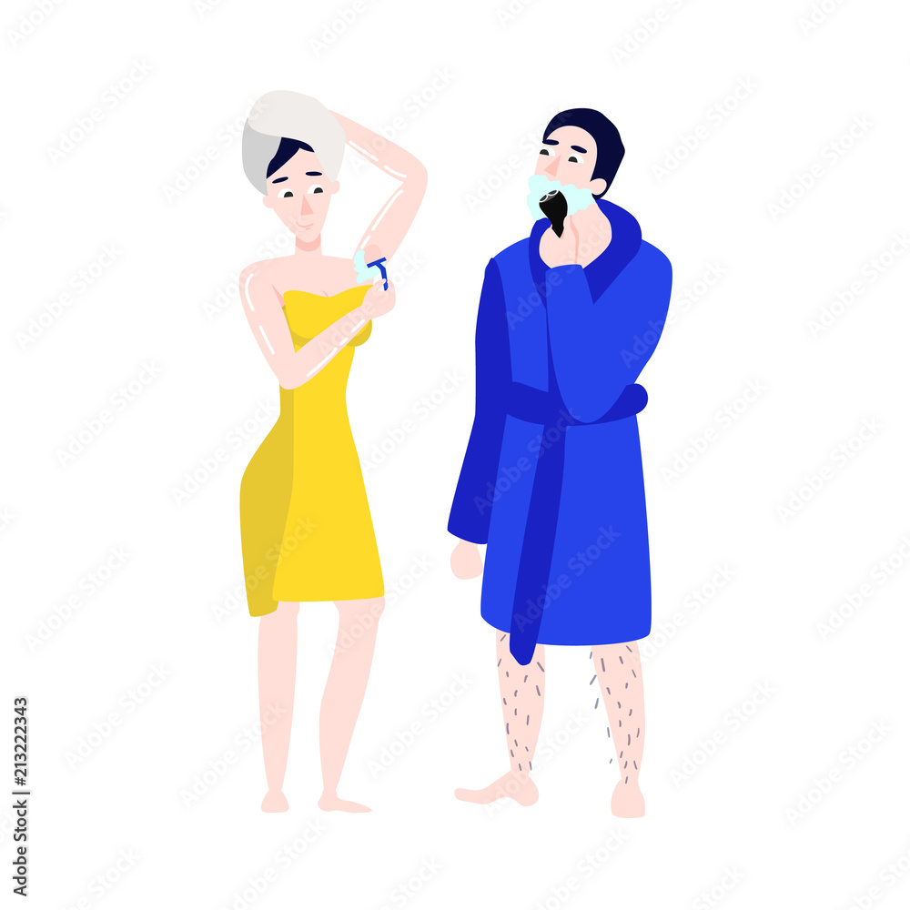 Vector flat girl in bathrobe, towel removing hair from armpit with razor epilator, man shaving. Woman, male hygiene, health skincare, cosmetics concept. Isolated illustration, white background. Vector flat girl in bathrobe, towel removing hair from armpit with razor epilator, man shaving. Woman, male hygiene, health skincare, cosmetics concept. Isolated illustration, white background.
