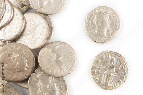 Roman denarius lie on a white background, the era of the Antonines, Marcus Aurelius, Antoninus Pius, Commodus, Caesar photo