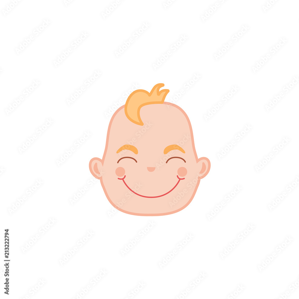 Cartoon baby face with happy smiling expression. Flat infant boy kid cute facial emotion, newborn happy child icon. Vector illustration for childish design on isolated background Cartoon baby face with happy smiling expression. Flat infant boy kid cute facial emotion, newborn happy child icon. Vector illustration for childish design on isolated background