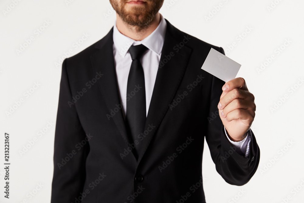 cropped image of businessman empty visit card isolated on white background cropped image of businessman empty visit card isolated on white background