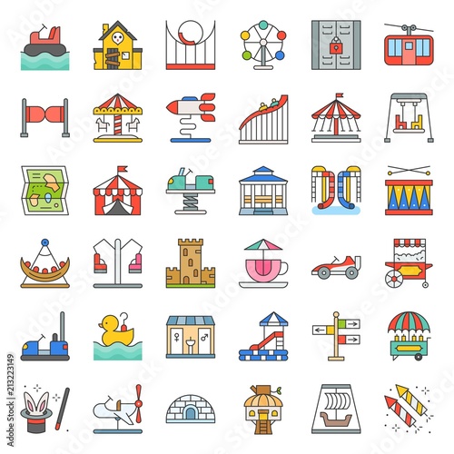 Amusement park icon and coin operated ride, filled outline icons set