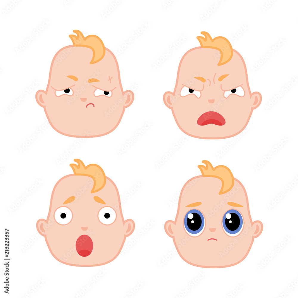 Cartoon baby face expression set. Flat infant boy kids negative ready to cry facial emotion, newborn children angry irritated offended sad icon. Vector illustration childish design isolated background Cartoon baby face expression set. Flat infant boy kids negative ready to cry facial emotion, newborn children angry irritated offended sad icon. Vector illustration childish design isolated background