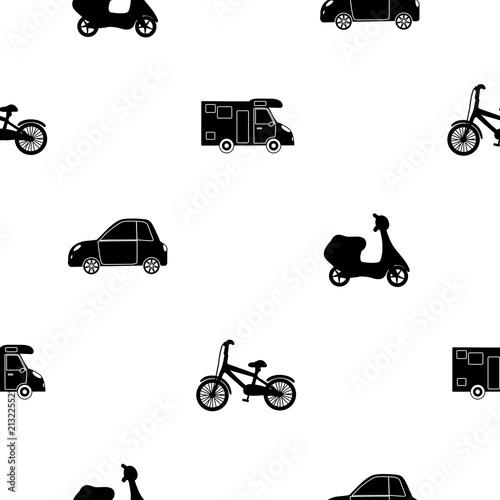 Seamless pattern with black cars, moped and bike.