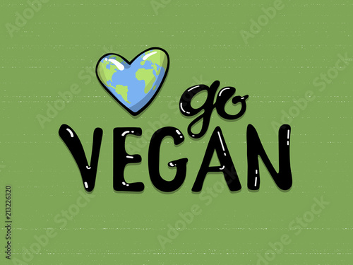 Go vegan lettering on a green background, near a planet earth in the form of a heart . Eco friendly conceptual handwritten phrase. Vector illustration