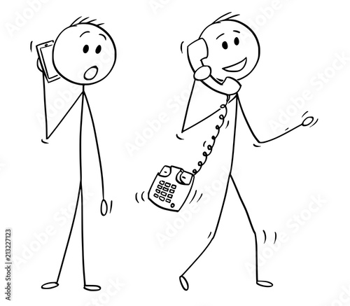 Cartoon stick drawing conceptual illustration of walking man or businessman making phone call with old table phone instead of mobile cell phone. Another man with smartphone is looking at him