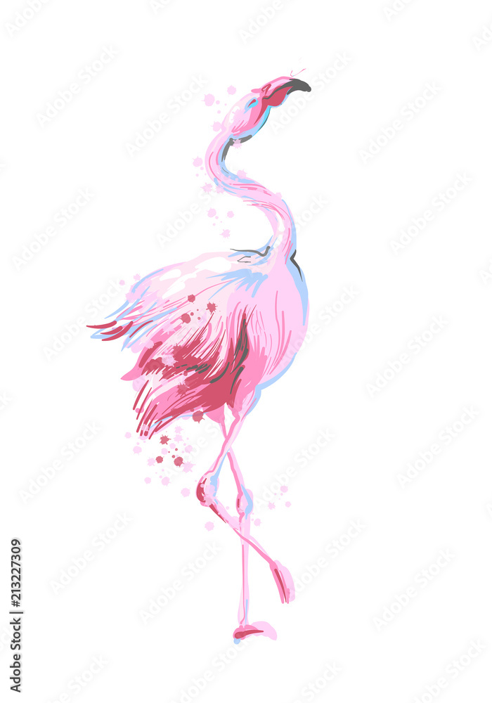 Obraz premium Beautiful female dancing pink flamingo smiling isolated on white background with pink splash for prints, fashion apparel, banners , bilboards