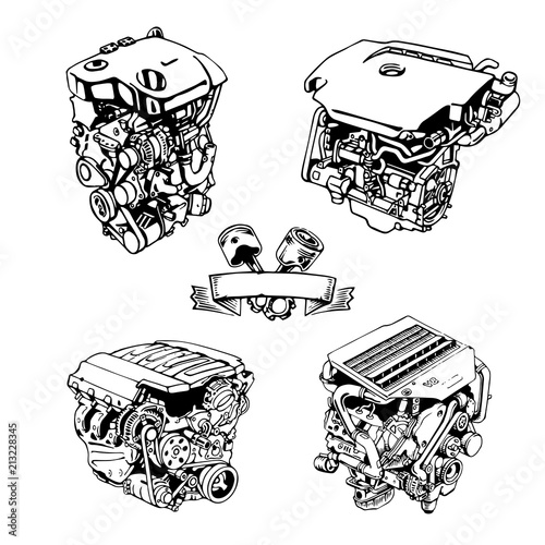 Painted engine on a white background. A set of engines from different manufacturers. V8 internal charge engine. Engine from different sides. Piston engine system. A drawn style. Vector illustration