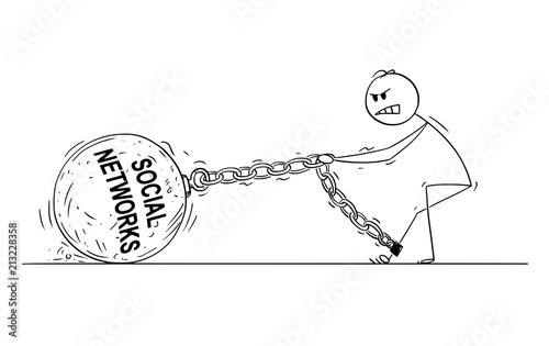 Cartoon stick drawing conceptual illustration of man or businessman pulling hard big Iron ball chained to his leg. Concept of social networks or media addiction .