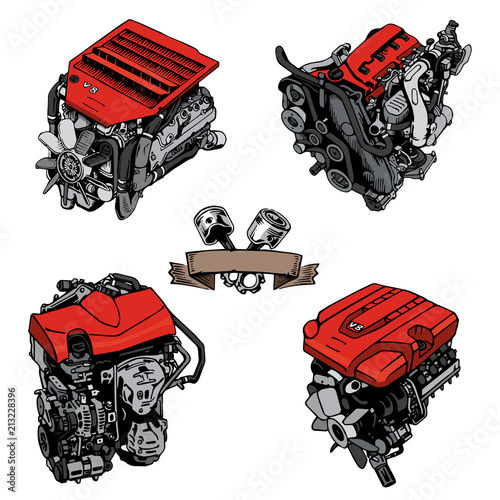 Painted engine on a white background. A set of engines from different manufacturers. V8 internal charge engine. Engine from different sides. Piston engine system. A drawn style. Vector illustration