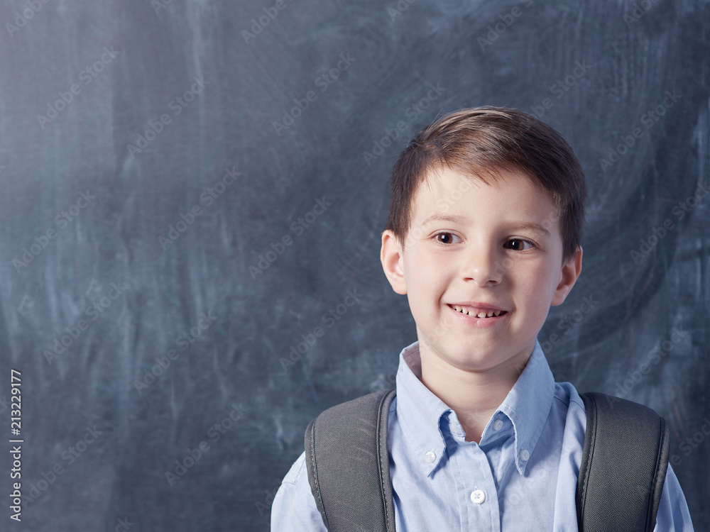 Happy cute Caucasian boy with backpack in a classroom. Happy cute Caucasian boy with backpack in a classroom.
