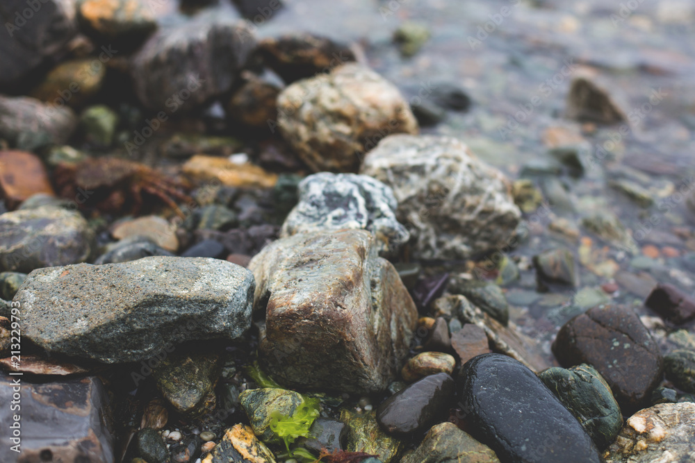 Image of different wet stones on the shore of the sea Image of different wet stones on the shore of the sea