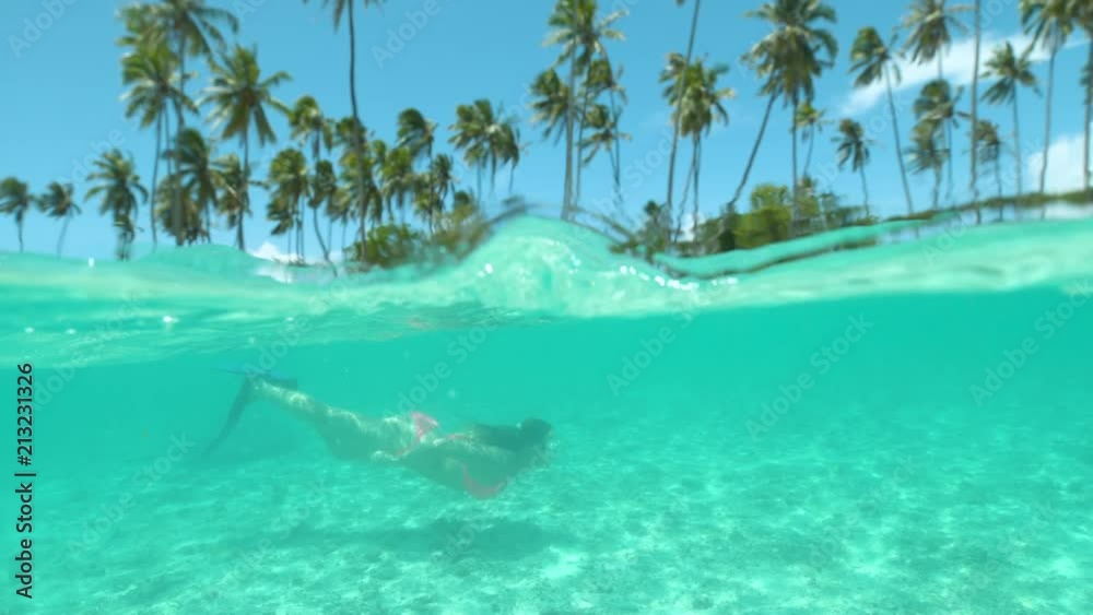SLOW MOTION, HALF UNDERWATER, DOF: Female tourist on vacation in French Polynesia diving in the spectacular ocean near the picturesque palm tree beach. Young woman swims along tropical sandy beach.