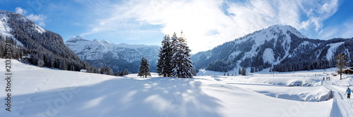 Panorama sunny cross-country ski trail in Gnade Alm, Hohe Tauern, Austria