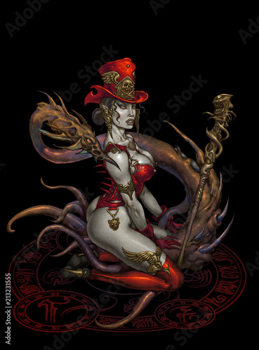 Murais de parede A beautiful sorceress wearing a fancy hat and guarded by a snake dragon; isolate