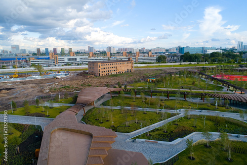 A new park in Moscow on the background of the ruins of the Likhachev plant. photo