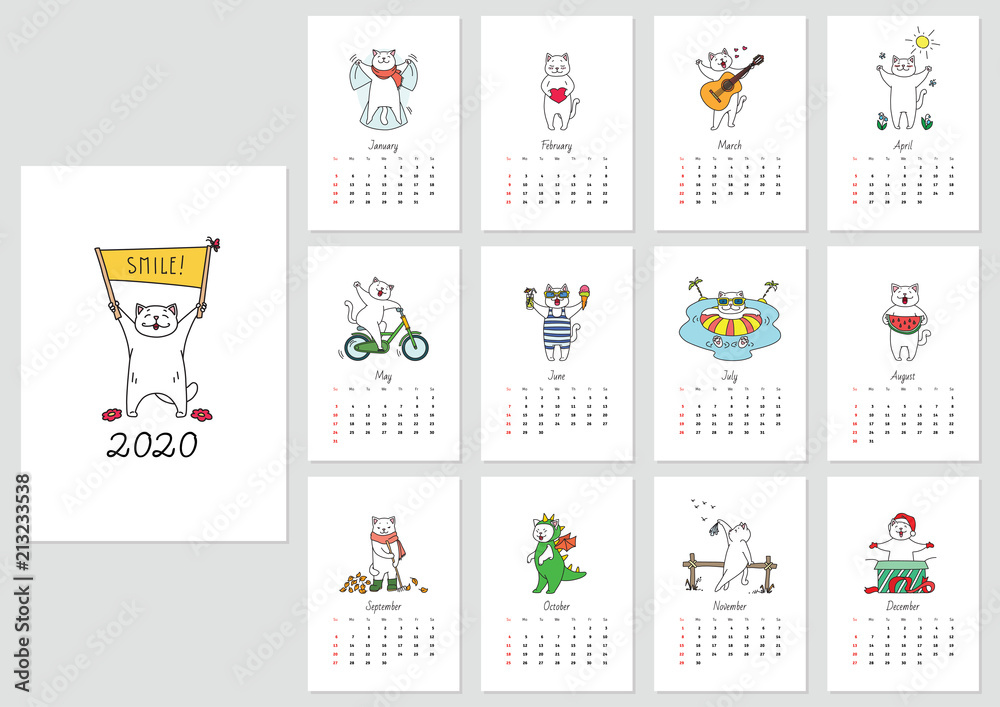 Monthly calendar 2020 template with a funny cat enjoying seasons. Vector illustration 8 EPS. Monthly calendar 2020 template with a funny cat enjoying seasons. Vector illustration 8 EPS.