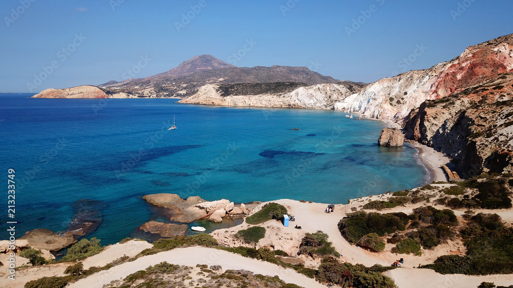 Aerial drone bird's eye view of iconic volcanic white chalk iconic beach of Firiplaka, Milos island, Cyclades, Greece