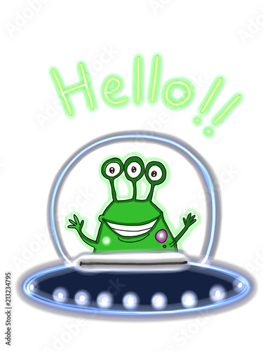cartoon alien in the ufo and say hello illustration
