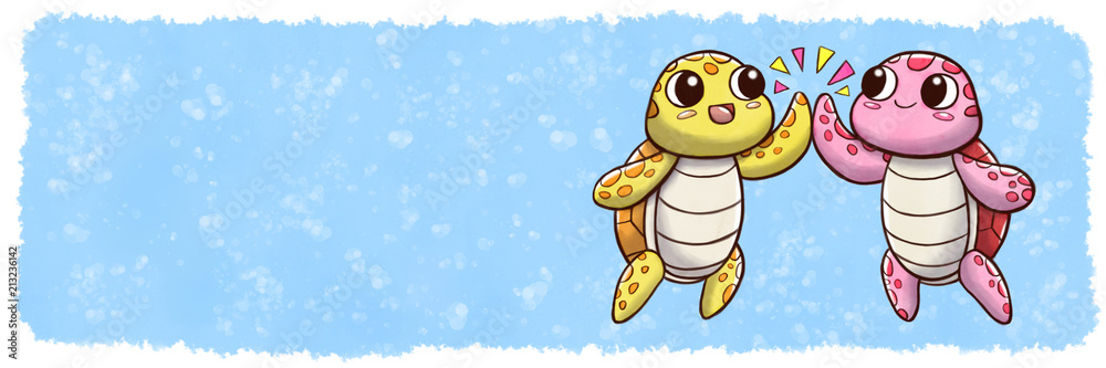 Fototapeta premium High five turtles - banner size with underwater watercolor background