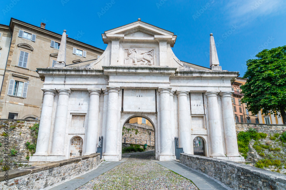 Porta San Giacomo. Detail of the gate to old city of Bergamo.
