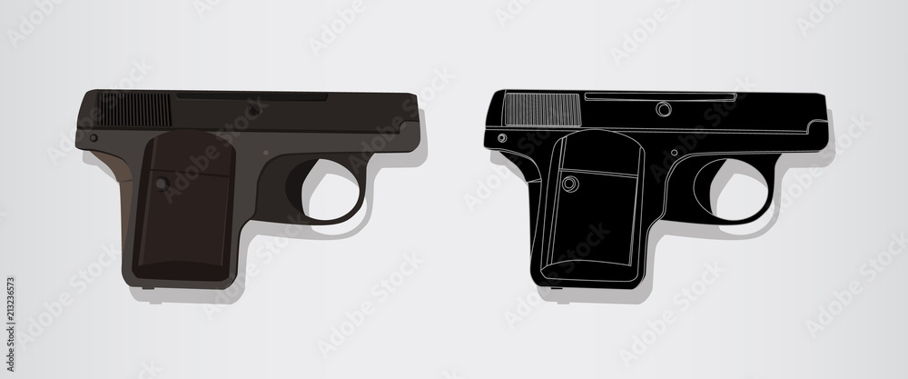 Fototapeta Automatic pistol of the Second World War. Isolated vector realistic and logo emblem illustration. Gun Handgun - military Weapon.