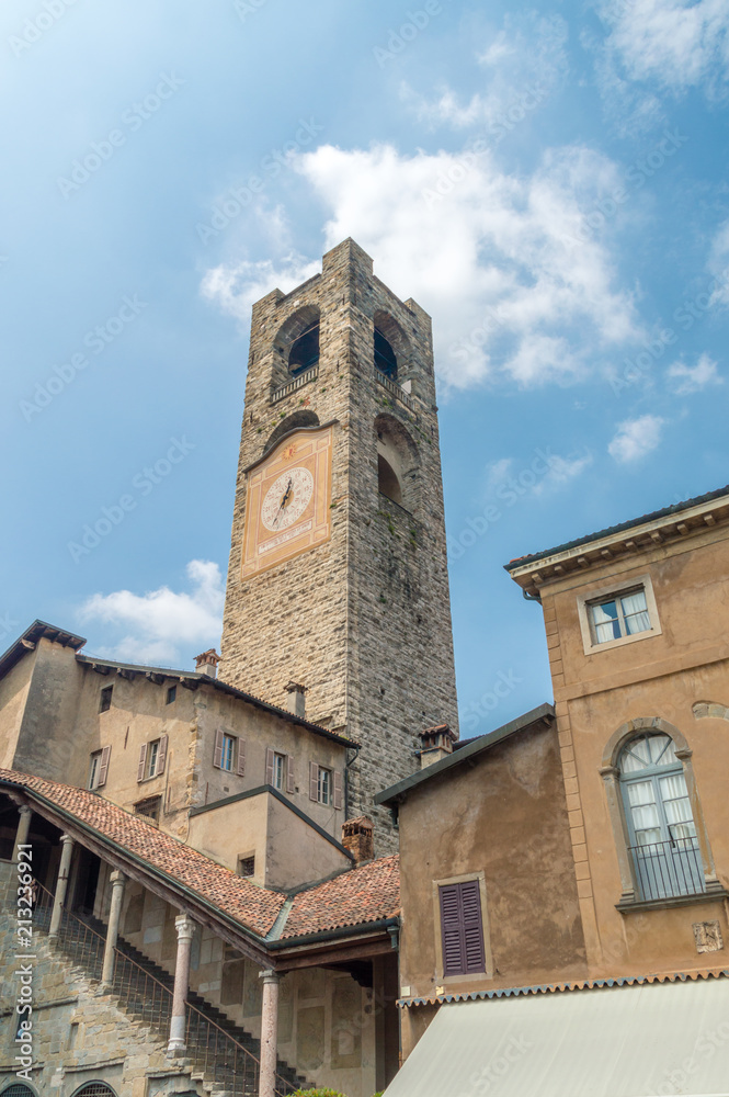 Clock tower Campanone at Piazza Vecchia in the Old Town of Bergamo.