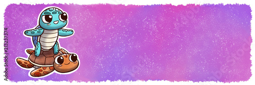Turtle surfing another turtle - banner size with space watercolor background