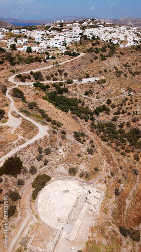 Aerial drone bird's eye view photo of iconic ancient theater near seaside village of Klima where Aphrodite of Milo was discovered, Milos island, Cyclades, Greece