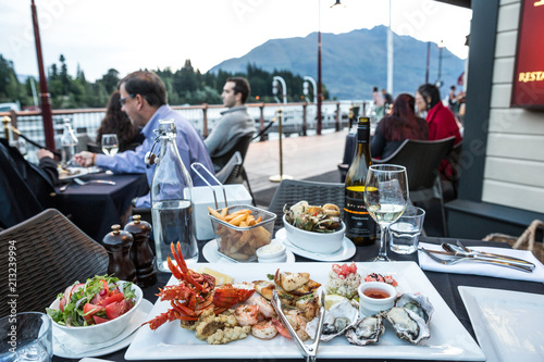 Fresh seafood platter at a restaurant on the harbour at Queenstown, New Zealand