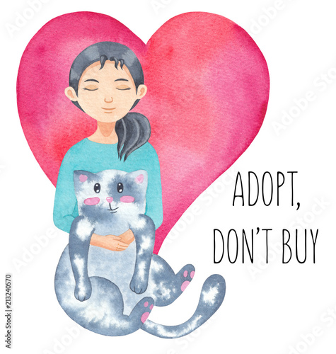 International homeless animals day. Girl hugging cute cat. Adopt a pet. Adopt, don't buy. Watercolour illustration isolated on white background