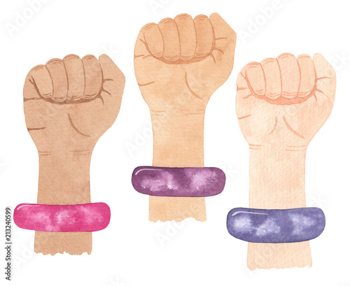 Feminism symbol. Fight like a girl. Three woman's hands with her fist raised up. Girl Power. Feminism concept. Watercolor illustration isolated on white background