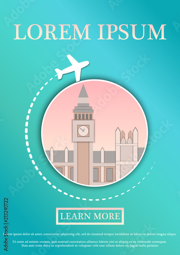 Vector Banner with text Travel card. Concept website template.Modern flat paper art design.Big Ben Tower and Westminster Palace. London.Vector Illustration