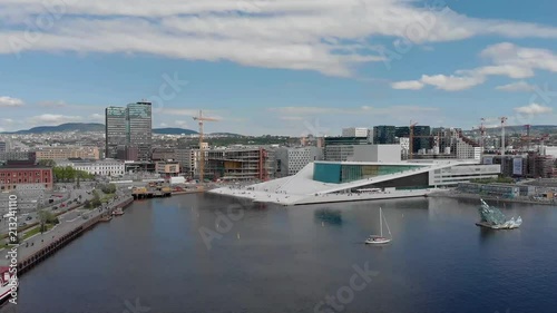 Aerial crane footage of Opera house in Oslo city, Norway in summer