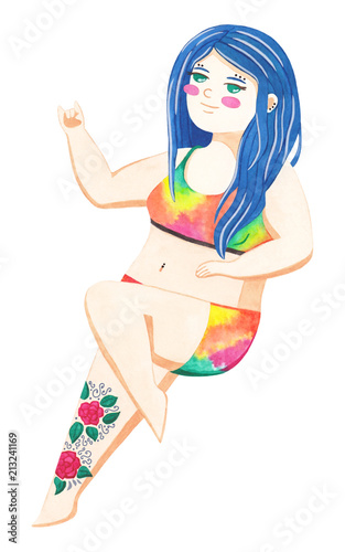 Curvy plus size bluehair girl in colorful swimsuit. Bodypositive concept. Watercolor illustration isolated on white background