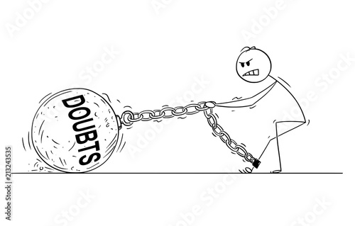Cartoon stick drawing conceptual illustration of man pulling hard big Iron ball chained to his leg. Concept of doubts limiting affected person .