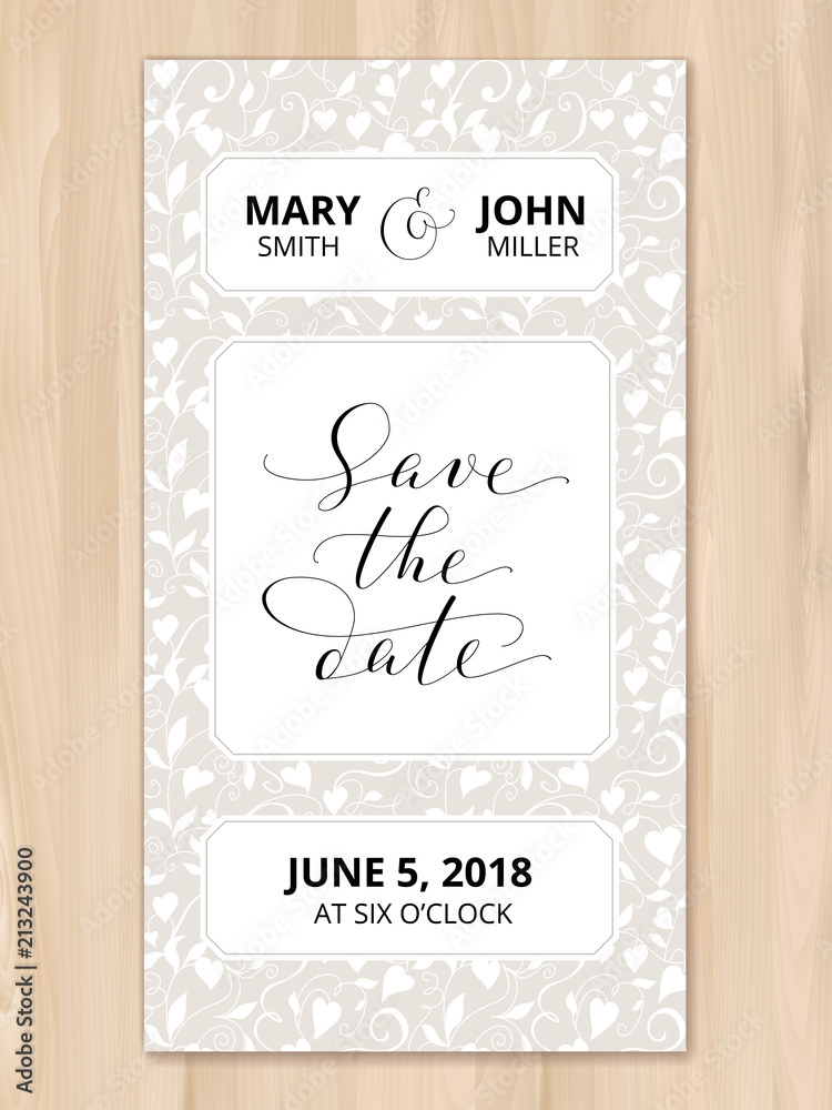 Naklejka premium Save the date card with hearts pattern background, invitation template. Hand written custom calligraphy.