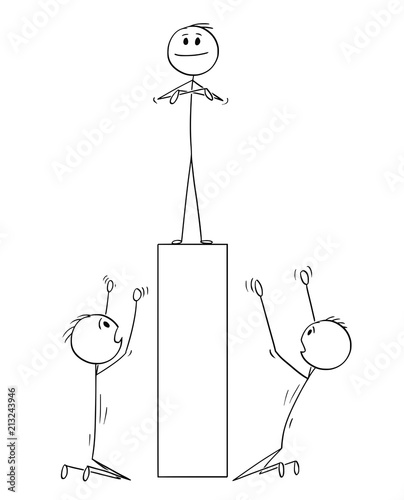 Cartoon stick drawing conceptual illustration of two men or businessmen worshiping man standing on pedestal. Business concept of leadership and unique individuality.