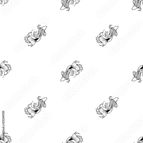 Betta splendens fish or fighting fish black ink drawing motif basic seamless pattern vector on white background