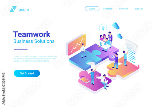 Isometric Flat vector Management Teamwork People Puzzle parts