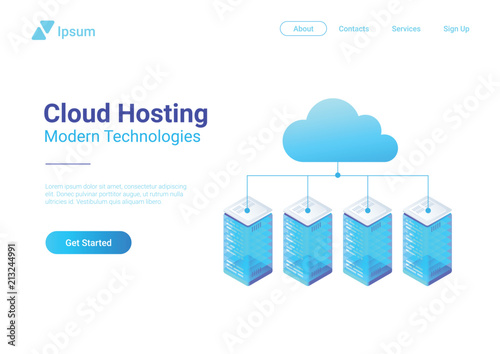 Isometric Flat Data Hosting Servers connected to Cloud vector